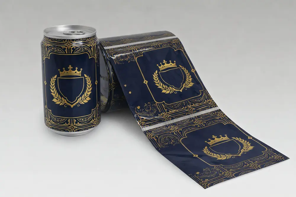 Lata de aluminio con shrink sleeve decorativo y película sin aplicar mostrando diseño completo