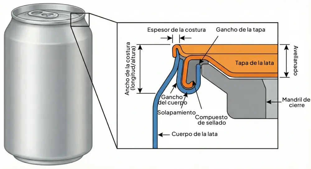 Diagrama de la estructura del doble engargolado que muestra el cover hook, body hook y las cinco capas del cierre de una lata metálica